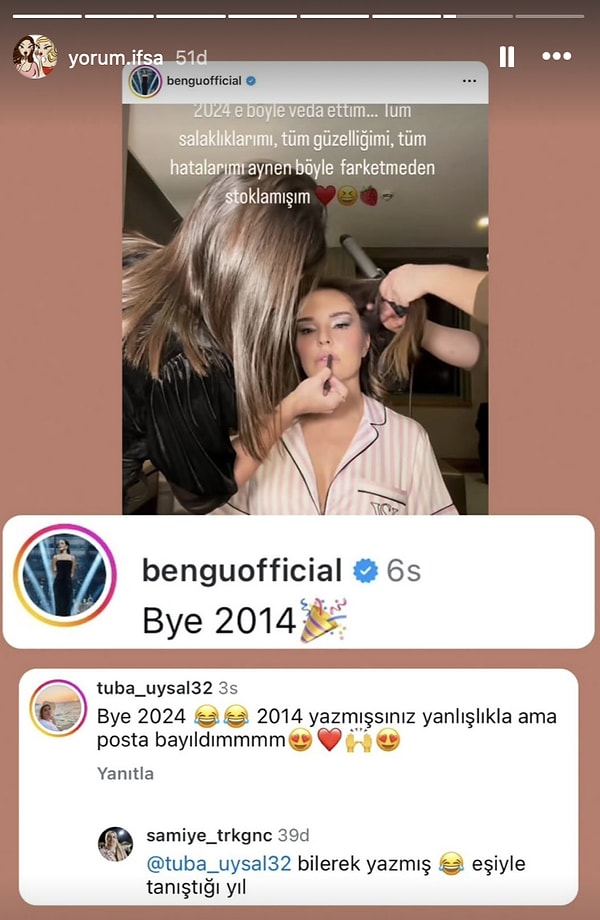 Geçtiğimiz saatlerde 2024'e veda ettiği bir video paylaşan Bengü, "Bye 2024" yerine "Bye 2014" yazdı. Ne hikmetse videoyu sonradan silmeye karar verdi.