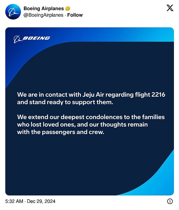 In light of the South Korean crash, Boeing has issued a statement for the first time.