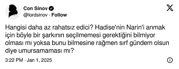 '@lordsinov' adlı bir X kullanıcısı Hadise'nin videosunu paylaşarak "Hangisi daha rahatsız edici?" diye sordu.