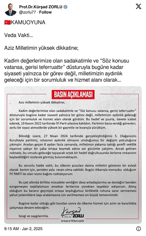 “Veda vakti” sözleriyle paylaşım yaptı.