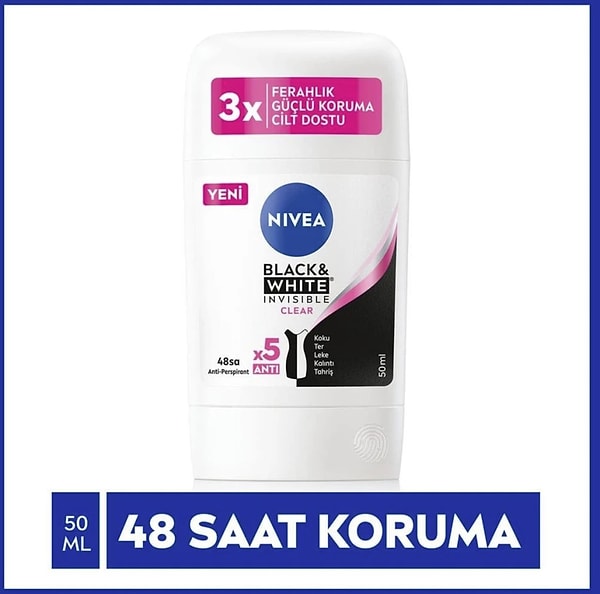 12. Nivea Kadın Stick Deodorant Black & White Invisible Clear 50 ml, 48 Saat Anti-Perspirant Koruma