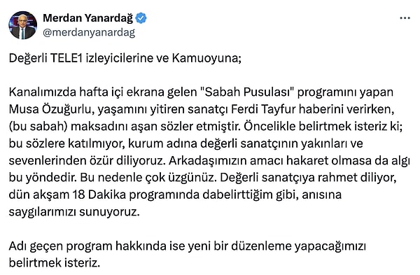 Hatta TELE1 Genel Yayın Yönetmeni Merdan Yanardağ bir özür metni paylaştı.