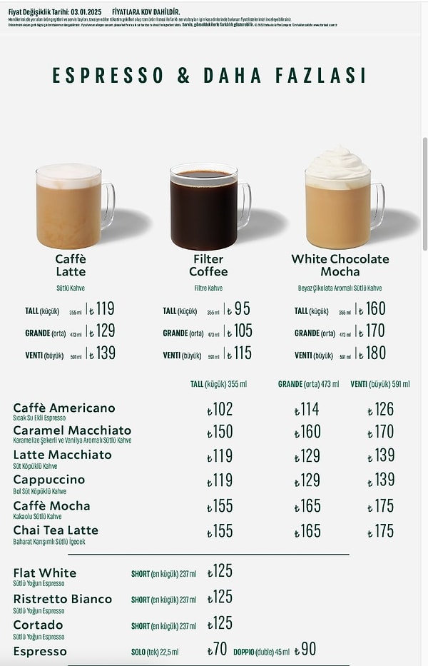 Starbucks’ta en uygun fiyatlı kahve 95 TL fiyatıyla küçük boy filtre kahve oldu. En yüksek fiyatlı kahve ise 180 TL ile büyük boy White Chocolate Mocha oldu.