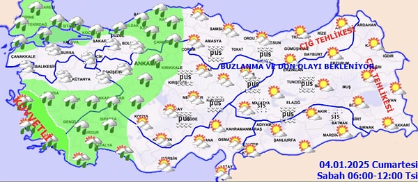 Meteoroloji Genel Müdürlüğü, saat uyarıları vererek hava tahmin haritalarını da yayımladı. Buna göre, sabah 06.00'dan gece 00.00'a kadar yağışların etkili olacağı kentler şöyle: