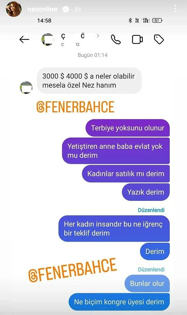 Geçtiğimiz gün kendisi bambaşka bir olayla gündeme gelmiş, Nez kendisine atılan “3000-4000 dolara neler olabilir mesela Nez hanım” şeklindeki ahlaksız teklif mesajlarını ifşa etmişti.