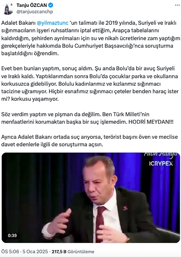 Tanju Özcan'ın sosyal medyadan yaptığı açıklama şu şekilde: