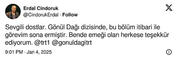 Ünlü oyuncu, bölümün ardından sevenlerine veda etti.