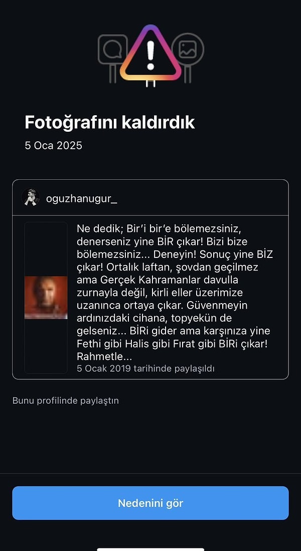 Instagram, Oğuzhan Uğur’un Şehit Fethi Sekin’i anmak için yaptığı paylaşımı “tehlikeli kişi ve kuruluşlarla ilgili topluluk kurallarını ihlal ettiği” gerekçesiyle kaldırdı.