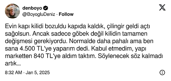 Fırsatçı çilingir paylaşımı şöyle;