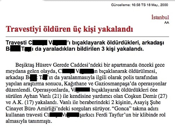 Herkes klibin eğlencesindeyken yıllar sonra bir üçüncü sayfa haberinde Gonca’nın adı duyuldu. Herkes onu “Ferdi Tayfur’un klibindeki travesti” olarak tanımlamışken, gazetelerde doğduğu isim ve soyadla anılan hunhar bir cinayetin kurbanı olarak adı geçti. Gonca, evine aldığı erkekler tarafından bir nefret cinayeti sonucu katledildi.