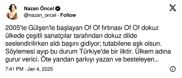 ''2005'te Gülşen'le başlayan Of Of fırtınası Of Of dokuz ülkede çeşitli sanatçılar tarafından dokuz dilde seslendirilirken aldı başını gidiyor; tutabilene aşk olsun.  Söylemesi ayıp bu durum Türkiye'de bir ilktir. Ülkem adına gurur verici. Öte yandan şarkıyı yazan ve besteleyen olarak benden başka herkes söylemiş, bi' ben kalmışım; ne ironik de mi :)  Video Rusya'da bir Roman düğününden...''👇