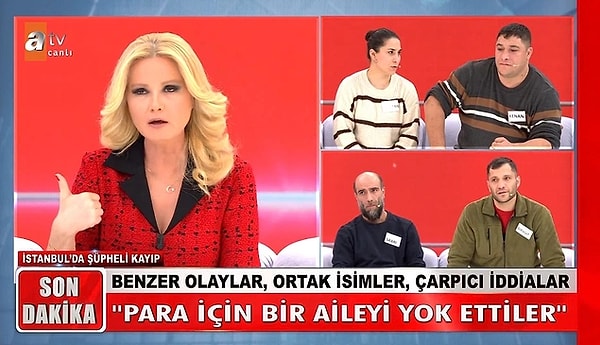 6. Müge Anlı'da ortaya çıkan Nezaket Uyur cinayeti peşi sıra diğer cinayetleri de ortaya çıkardı. Geçtiğimiz hafta yayına katılan Nezaket Uyur'un cinayetinde adı geçen Nihat Önel'in yakınları kız kardeşlerinin de bu kişiler tarafından öldürüldüğünü açıkladı. Bu iddiaların ardından kayıp bir hala olduğu da iddia edilmişti. Müge Anlı, bahsedilen hala Zekiye'nin de kayıp olduğunu ve bu olayda 6 kişinin öldürülmüş olabileceğini söyledi.