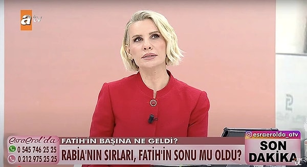 9. Ekim ayından bu yana Esra Erol, ATV'de yaptığı 'Esra Erol'da' programında 22 yaşındaki bir genci arıyor. 7 Temmuz günü kaybolan Fatih Aydın hala bulunamadı. Esra Erol'un yayınlarını ihbar kabul eden savcılık harekete geçti. Konu ile ilgili kayıp Fatih Aydın'ın annesi Rabia ve onun telefonda görüştüğü erkekler dikkat çekmişti. Savcılık başlatılan soruşturmada anne Rabia Aydın'ı ve görüştüğü kişileri sorguya alacak.