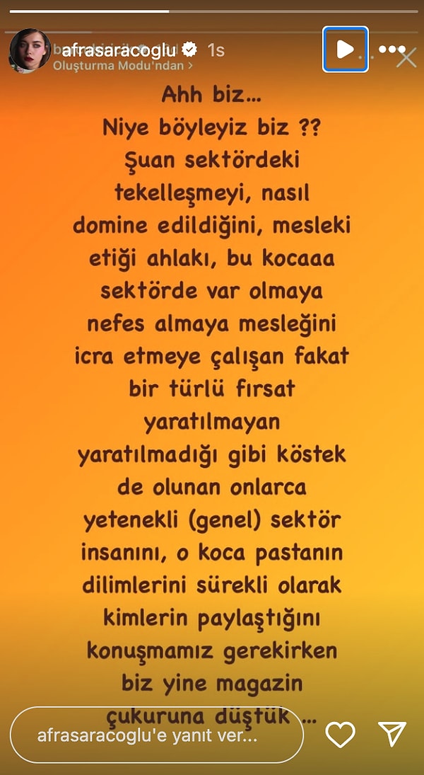 "Şu an sektördeki tekelleşmeyi, nasıl domine edildiğini, mesleği etiği ahlakı, bu koca sektörde var olmaya, nefes almaya, mesleğini icra etmeye çalışan fakat bir türlü fırsat yaratılamayan, yaratılamadığı gibi köstek de olunan onlarca yetenekli  sektör insanını, o koca pastanın dilimlerini sürekli olarak kimlerin paylaştığını konuşmamız gerekirken biz yine magazin çukuruna düştük." ifadelerini kullanan Biricik'e destek veren isim Afra Saraçoğlu oldu!