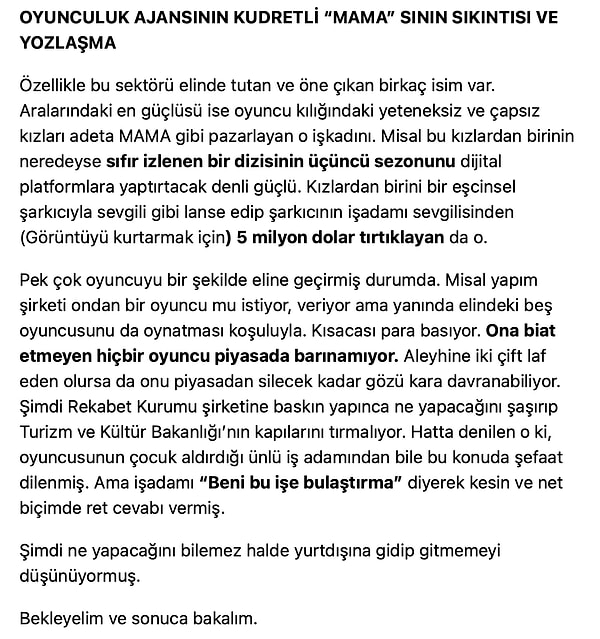 Şimdi her şeyi başa sarıyor, olayların nasıl başlayıp neden bu kadar büyüdüğünü anlatıyoruz hazırsanız. Tüm bu kıyametin kopmasına sebep olan köşe yazısı TV100'den Fuat Uğur'a ait. İddialar oldukça çirkin fakat oyunculuk sektöründeki çarpıklıkların ve haksızlıkların altının çizildiğinin köşe yazısında en dikkat çeken kısım tam da burası 👇