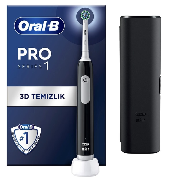 1. Oral-B Pro Series 1 Siyah Elektrikli Diş Fırçası, 1 Diş Fırçası Başlığı, 1 Seyahat Çantası, Braun Tasarımı