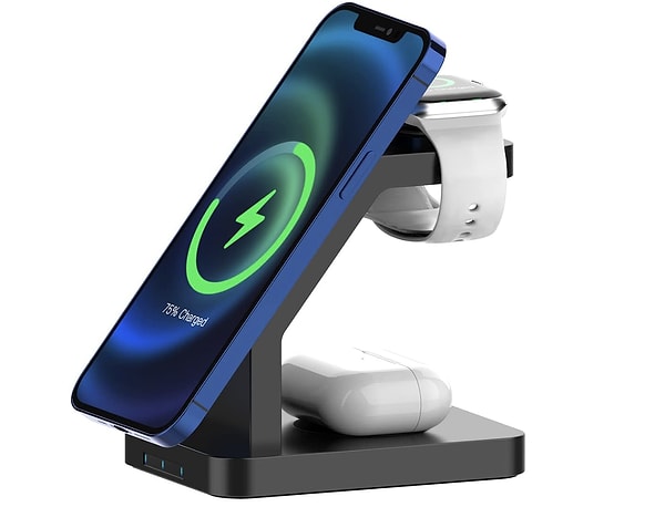 4. BUFF BL34 3 in 1 Magsafe Uyumlu 15W Telefon, Kulaklık, Apple Watch Uyumlu Masaüstü Stand Kablosuz Şarj Cihazı