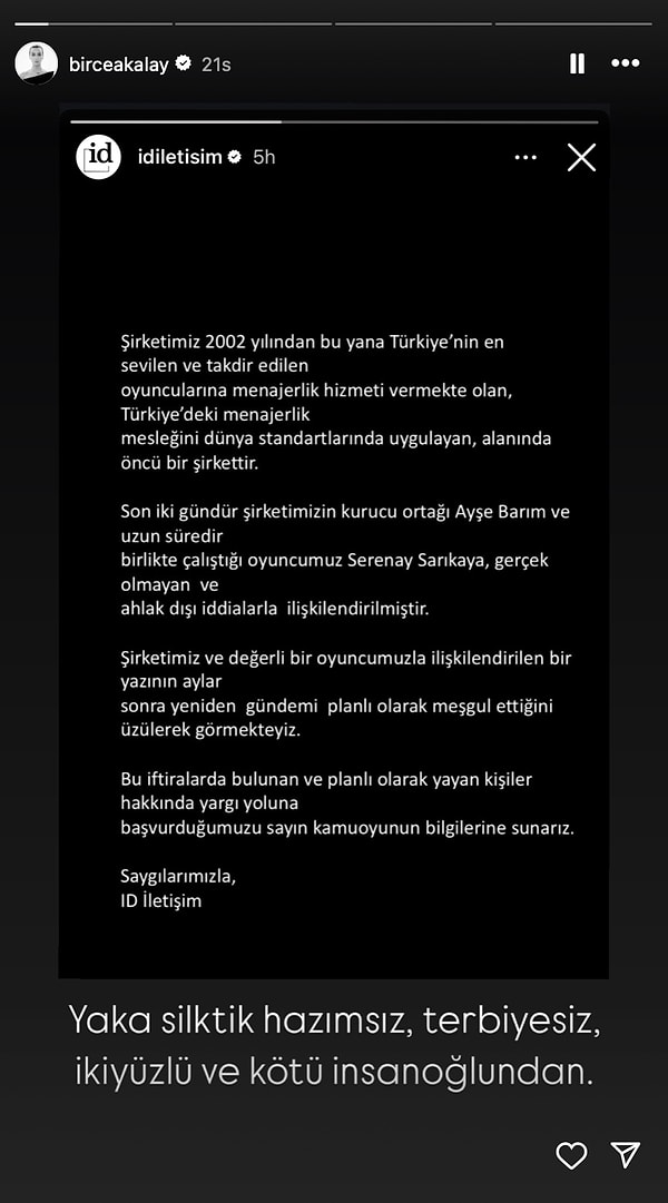 Birkaç saat önce sessizliğini bozan Birce Akalay, insanoğlunun içinde kötülüğü suçladı.