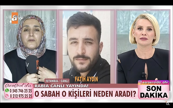 Erol, "Fatih'in başına ne geldiğini inanın ben de bilmiyorum. İnanın ben de tükendim." dedi. Erol, anne Rabia'ya "Bir an önce gerçekler ortaya çıksın istiyorum. Senden ricam ne olduysa korkmadan anlat!" dedi.