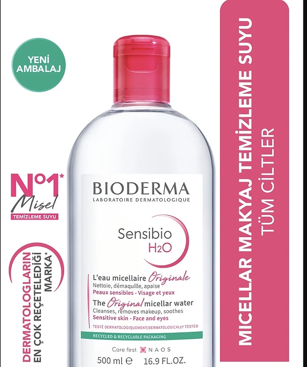 10. Bioderma Sensibio H2O Micellar Makyaj Temizleme Suyu Hassas ve Normal Ciltler 500 ml