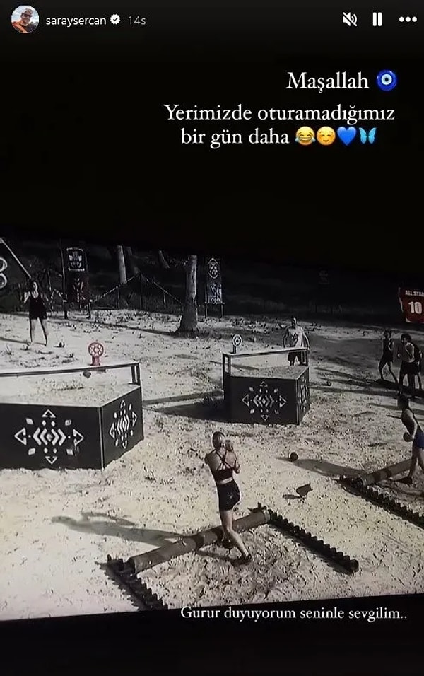 Sercan Saray, Instagram hesabından Ayşe'nin oyun esnasındaki bir videosunu paylaştı ve altına "Gurur duyuyorum seninle sevgilim" diye yazdı.