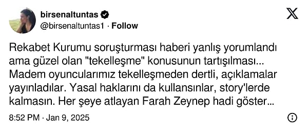 Birsen Altuntaş sektördeki tekelleşmeye tepki gösteren Farah Zeynep Abdullah'a bu sefer "Yasal haklarını da kullansınlar, story'lerde kalmasın. Her şeye atlayan Farah Zeynep hadi göster kendini..." sözleriyle seslendi.