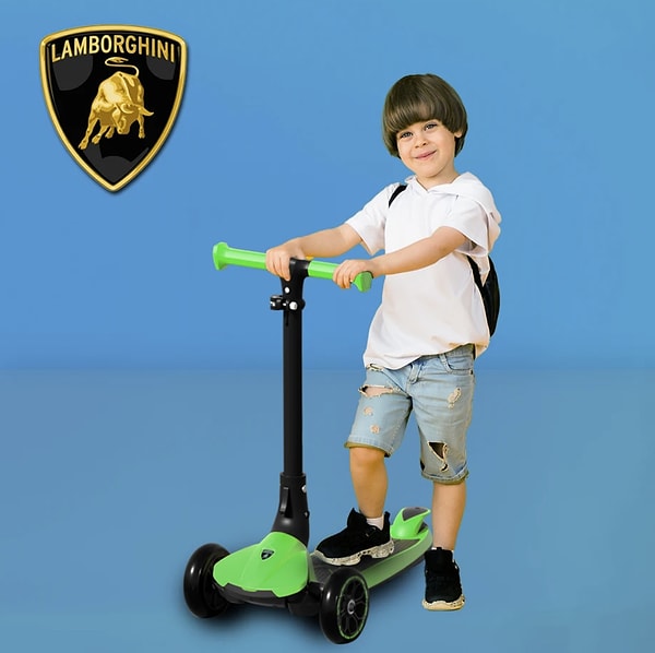 Lamborghini Lisanslı L3 Kolay Katlanabilir Işıklı Orta Gövde ve Işıklı Tekerlekli Çocuk Scooter Yeşil