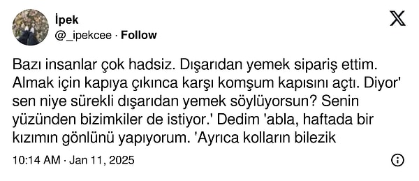 Paylaşımına göre yemek siparişini almak için kapıya çıkan kullanıcı karşı komşusunun kapısını açarak şu yorumu yaptığını belirtti👇