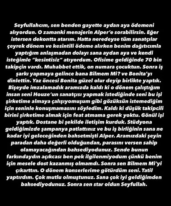 Bu açıklamanın ardından Reynmen, bir dostlukları olduğunu; Sefo'ya ödemelerini düzenli yaptıklarını açıkladığı bir yazı paylaştı. ''O dönem seni konserlerime götürdüm, tatil yaptırdım; çok mutlu olmuştunuz!'' ifadelerine yazısında yer verdi.