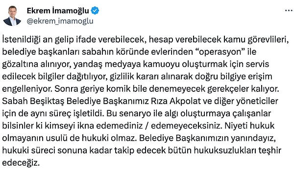 İstanbul Büyükşehir Belediye Başkanı Ekrem İmamoğlu gözaltı kararına tepki gösterdi.