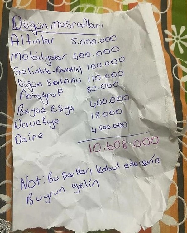 Ancak sosyal medya kullanımının artmasıyla düğün isteklerinin boyutunun nasıl bir noktaya geldiğini öğrendik. Sosyal medyada kimi zaman paylaşılan düğün istekleri hepimizin ağzını açık bırakıyor.