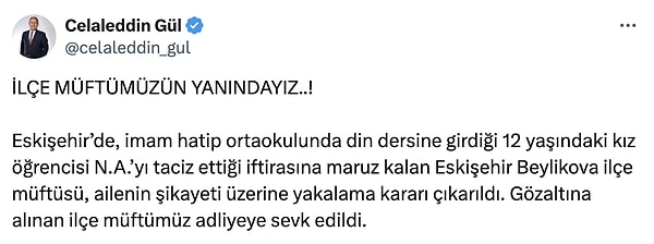 Tutuklanan müftüye sendikası sahip çıktı. Sendika başkanı "İlçe müftümüzün yanındayız" başlıklı bir mesaj yayınladı.