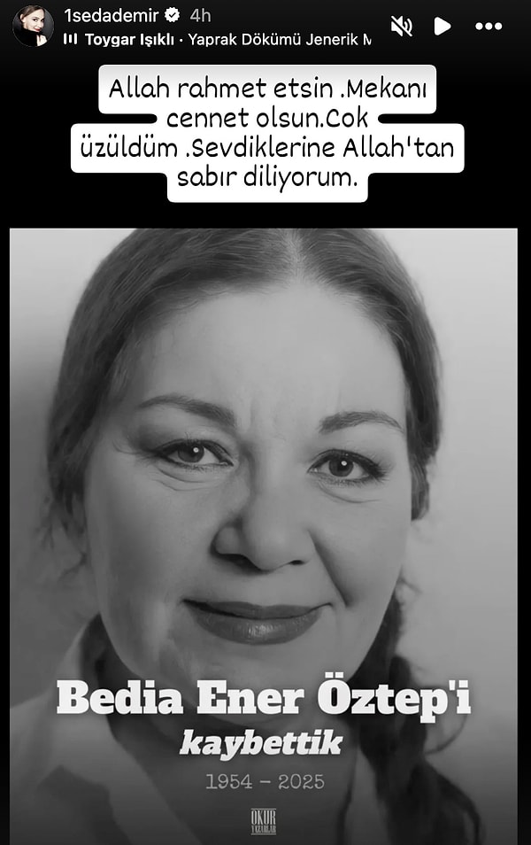 Demir, Instagram hesabından yaptığı paylaşımda "Allah rahmet etsin. Mekanı cennet olsun. Çok üzüldüm. Sevdiklerine Allah'tan sabır diliyorum" mesajını paylaştı.