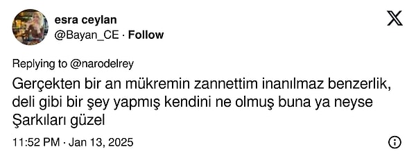 Bu paylaşıma denk gelen X ahalisinin ise tabiri caize beyni yandı! Kimileri Mükremin olduğunu direkt anlarken kimileri de Lana Del Rey'in böyle bir halde olduğunu düşünerek şoklara girdi. 😂