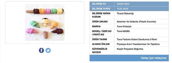 Diğer bir ürün, "Tuna Kırtasiye" markalı dondurma şeklinde fosforlu kalem oldu. Güvensizlik nedeni ise "küçük parçadan boğulma" olarak açıklandı.