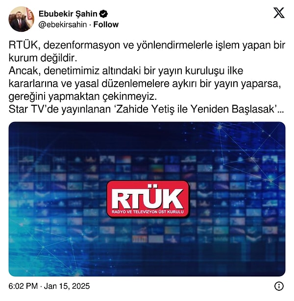 İşte Ebubekir Şahin'in o paylaşımı: