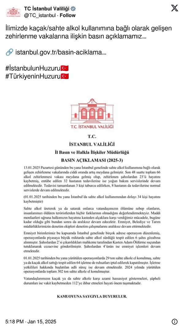 İstanbul Valiliği tarafından yapılan açıklamanın tamamını şurada bulabilirsiniz👇