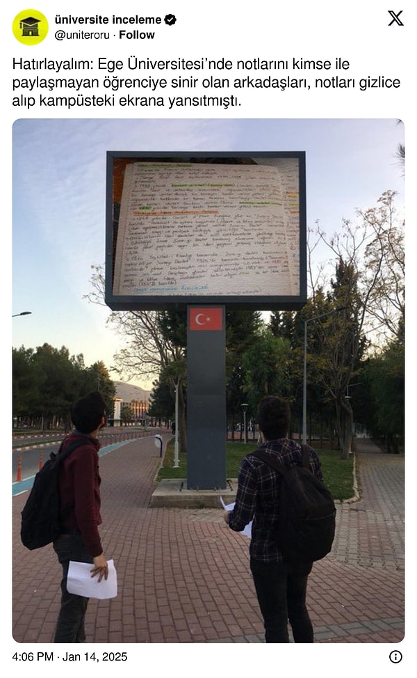 Geçtiğimiz yıllarda Ege Üniversitesi'nde bir öğrenci, ders notlarını arkadaşlarıyla paylaşmak istemeyince ortaya bu görüntüler çıkmıştı;