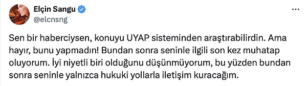 Canına tak eden Elçin Sangu, "Seninle son kez muhatap oluyorum" diyerek Birsen Altuntaş'a dava açtı.