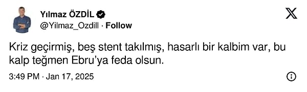 Yılmaz'ın mesajı şöyle oldu: "Bu kalp teğmen Ebru’ya feda olsun." 👇