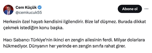 Hacı Sabancı'nın Türkiye’nin ikinci en zengin ailesinin ferdi olmasına dikkat çeken Küçük, paylaşımında şu detaylara yer verdi: