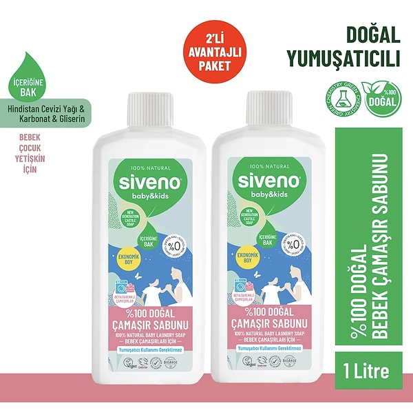 3. Siveno %100 Doğal Bebek Çamaşır Sabunu Kendinden Yumuşatıcılı Bitkisel Deterjan Vegan 1000 ml X2 Adet