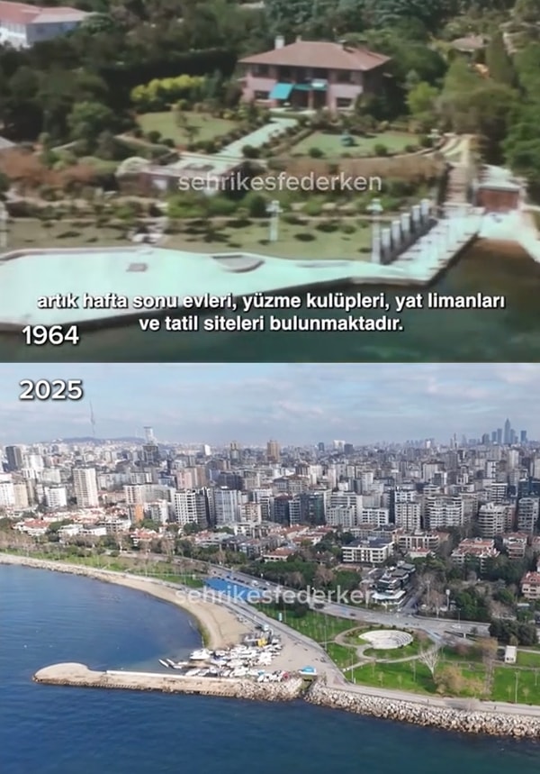 @sehrikesfederken adlı TikTok hesabından içerikler üreten Erhan Yılmaz Suadiye’nin 1964’teki hali ile günümüzdeki halini paylaştı.