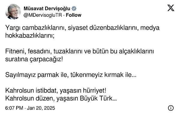 İYİ Parti Genel Başkanı Musavat Dervişoğlu paylaşımı ise şöyle 👇