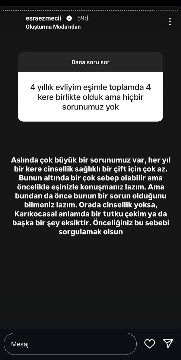 "Her yıl 1 kere cinsellik sağlıklı bir çift için çok az" yazan Ezmeci, takipçisine tavsiyelerde bulundu.