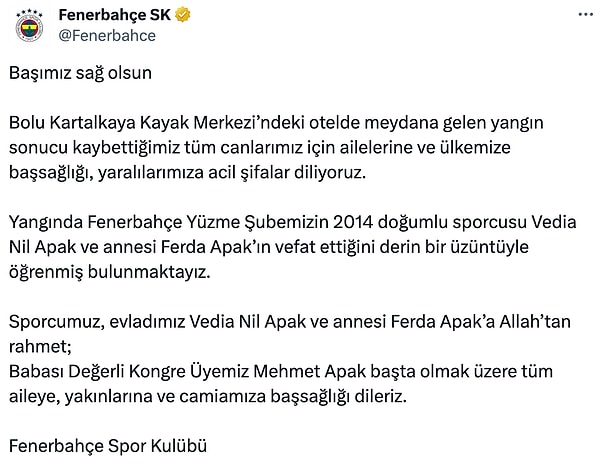 Fenerbahçe Kulübü’nden yapılan açıklamada şu ifadeler kullanıldı: