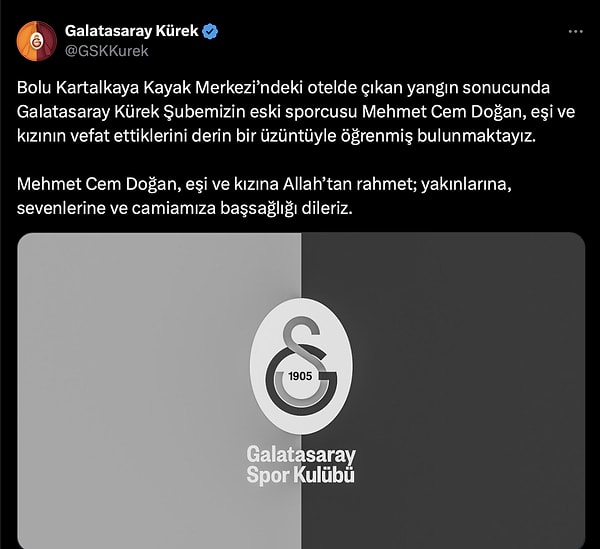 Bolu Kartalkaya Kayak Merkezi’ndeki otelde çıkan yangın sonucunda Galatasaray Kürek Şubesinin eski sporcusu Mehmet Cem Doğan, eşi ve kızının vefat ettikleri öğrenildi.