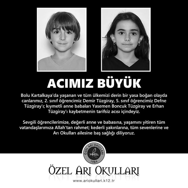 Alınan bilgilere göre Bursalı diş hekimi Yasemen Boncuk Tüzgiray, diş hekimi olan eşi Erhan Tüzgiray, çocukları Defne Tüzgiray ve Demir Tüzgiray da otelde çıkan yangında yaşamını yitirdi.