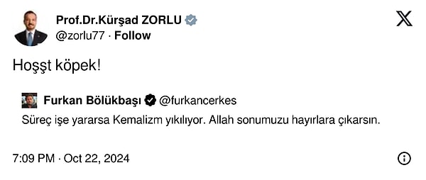 Yaklaşık 5 ay önce, Zorlu’nun sosyal medyada AK Parti destekçisi Furkan Bölükbaşı ile tartışma yaşadığı biliniyordu. Bu tartışmada Zorlu, Bölükbaşı’nın bir paylaşımını alıntılayarak, “Hoşt köpek” ifadesini kullanmıştı.