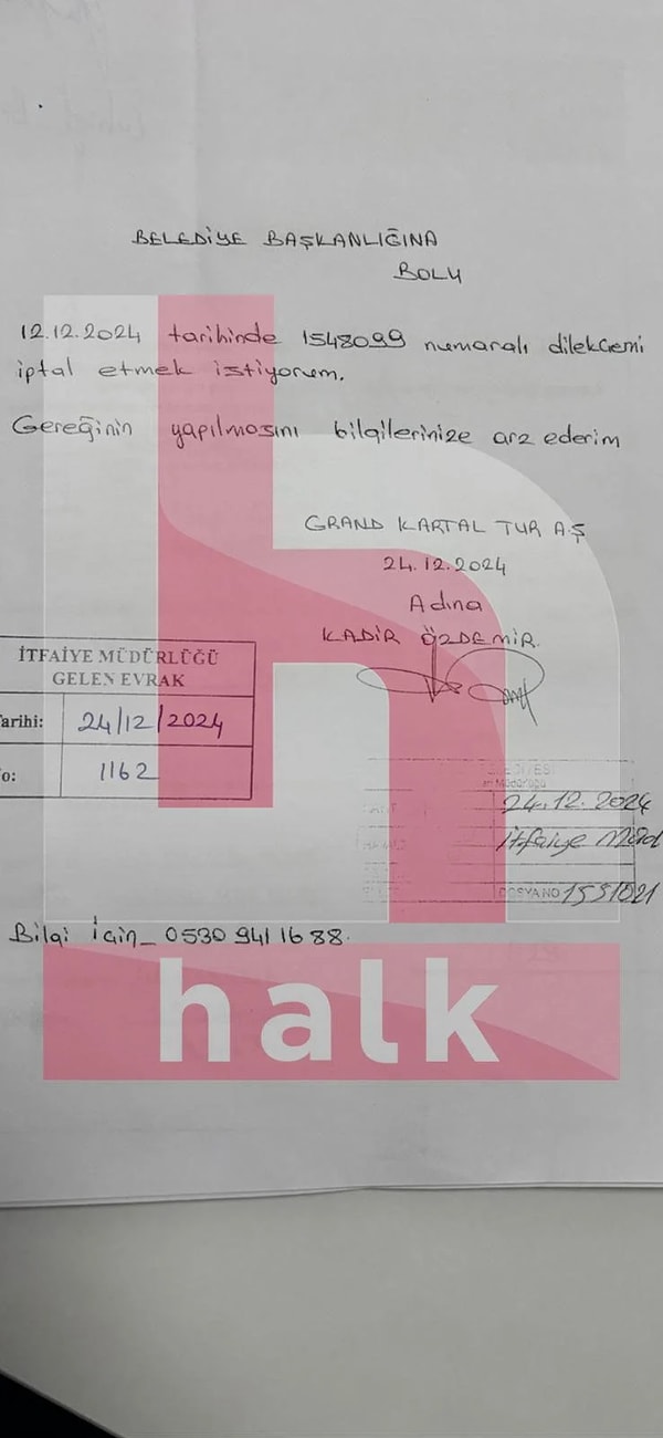 İsmail Saymaz'ın Halk TV'de aktardığına göre; otel adına Kadir Özdemir imzasıyla yapılan başvuru belediye tarafından kabul edilerek denetime başlandı. İtfaiye denetiminden geçemeyen otel yönetiminin yeniden başvuru yaparak 24 Aralık 2024'te uygulamanın iptalini istediği belirlendi.